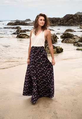 Woman wearing Tall and Beautiful Clothing on a beach in Cornwall